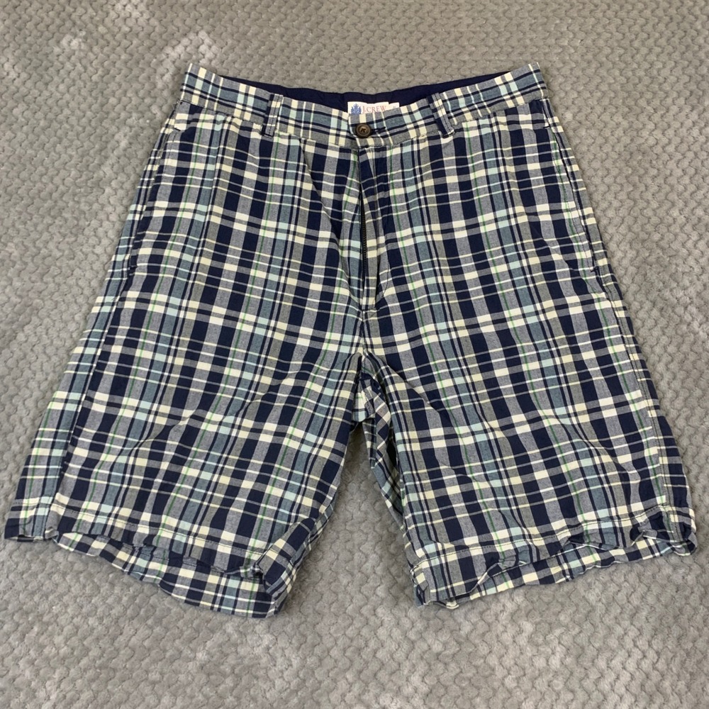 J Crew Vintage Madras Shorts Mens 31 Navy Green Plaid Cotton 94931